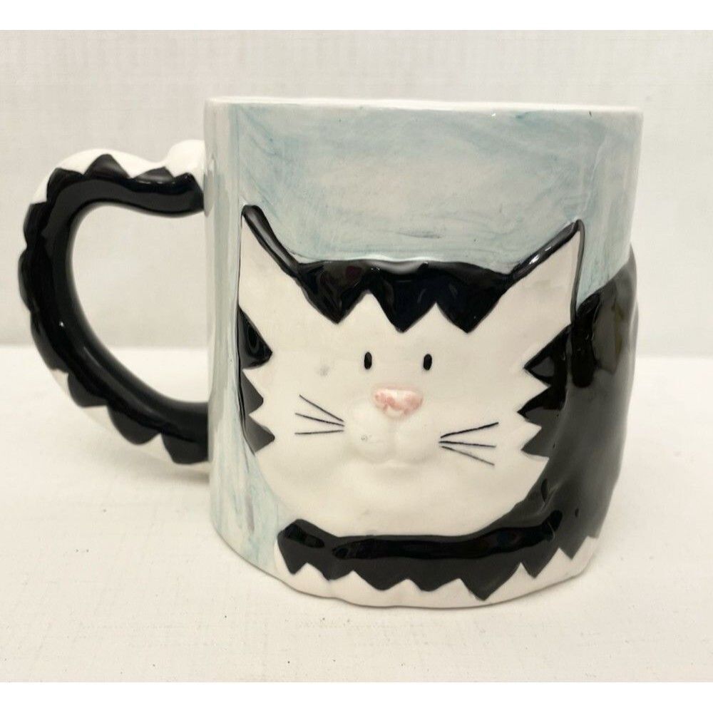 Russ Barrie & Co Mug Cat White Black Kitty 12 oz 3D Mug Textured Pet Lovers